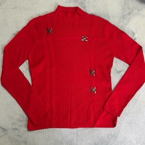 Women's Red Mock Neck Sweater with Decorative Metal Clasp Accents